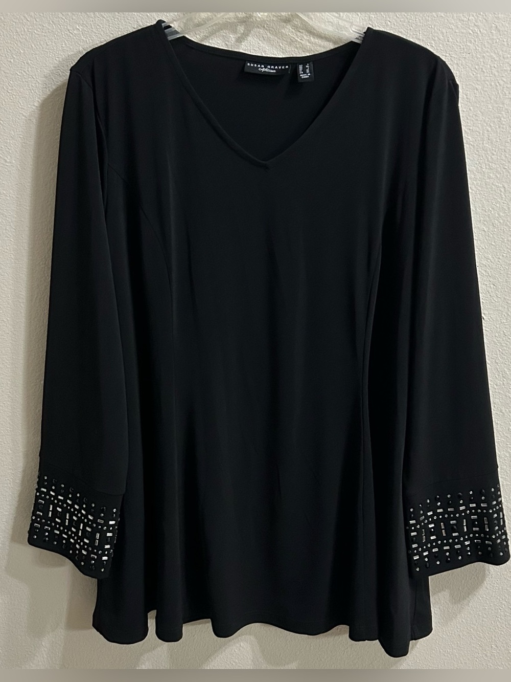 Susan Graver Liquid Knit Blouse Top Large Black Statement Sleeves Elevated Basic